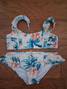 Girls Raisens Bikini Set, White With Blue Znd Coral Colors